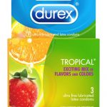 Durex Condoms Tropical Assorted Flavors And Colors 3 Each Per Box.