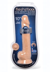 FleshStixxx Dual Density Silicone Bendable Dong With Balls 10in - Caramel