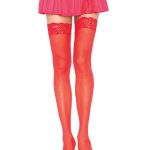 Leg Avenue Sheer Nylon Thigh High With Lace Top - O/S - Red