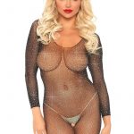 Leg Avenue Crystalized Seamless Fishnet Long Sleeved Bodystocking - O/S - Black