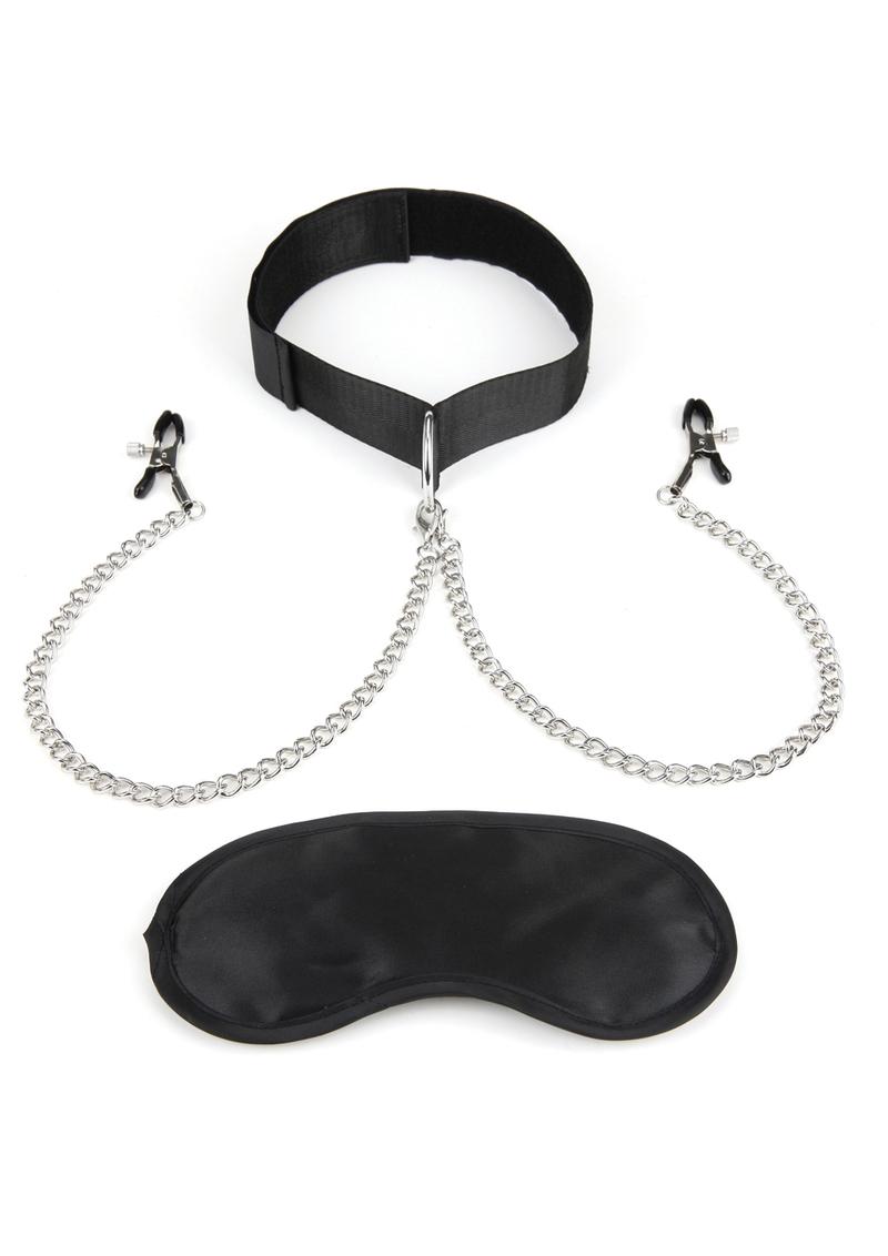 Lux Fetish Collar And Nipple Clamps With Adjustable Clamps - Black