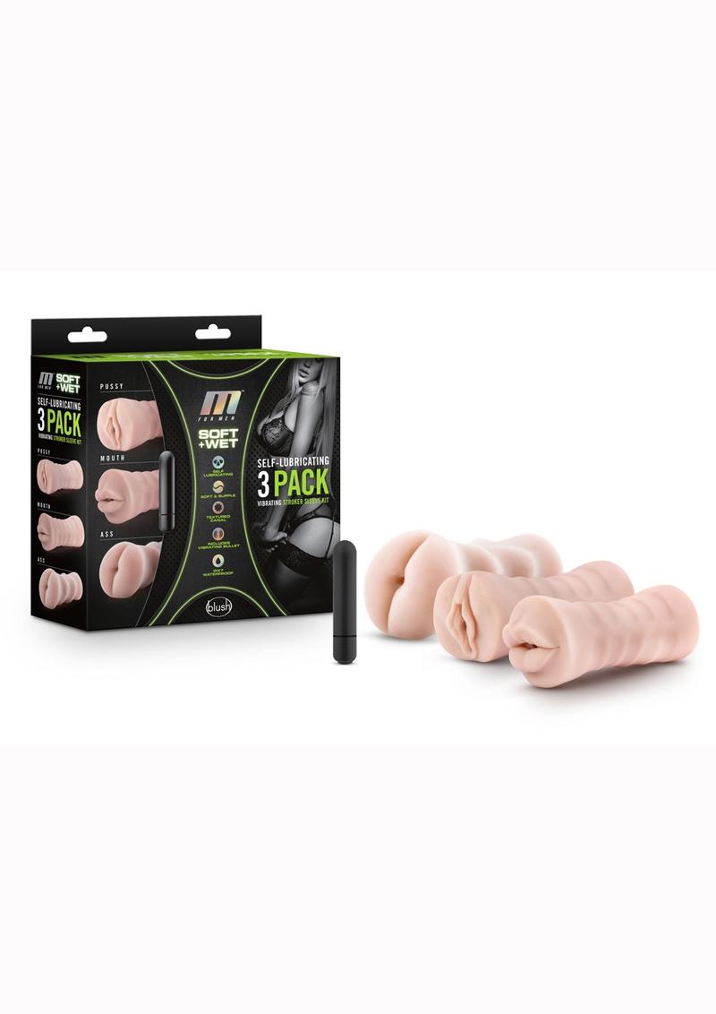 M for Men Soft and Wet Self-Lubricating Vibrating Masturbator Kit - (3 Pack) - Vanilla