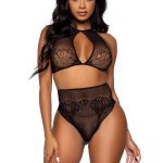 Leg Avenue Dotted Net Keyhole Halter Crop Top with Lace Accents and High Waist Thong Panty (2 pieces) - O/S - Black