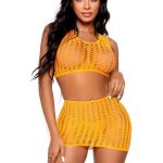 Leg Avenue Crochet Net Tank Crop Top and Mini Skirt (2 pieces) - O/S - Neon Orange