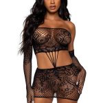Leg Avenue Strappy Lace Tube Dress and Matching Gloves (2 pieces) - O/S - Black