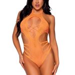 Leg Avenue Lace Cut Out Strappy Bodysuit - O/S - Neon Orange