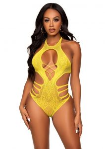 Leg Avenue Lace Cut Out Strappy Bodysuit - O/S - Yellow