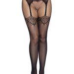 Leg Avenue Faux Garter Belt Fishnet Tights with Lace-Up Backseam - O/S - Black