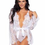 Leg Avenue Floral Lace Teddy with Adjustable Straps and Cheeky Thong Back Matching Lace Robe with Scalloped Trim and Satin Tie - Medium - White