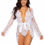 Leg Avenue Floral Lace Teddy with Adjustable Straps and Cheeky Thong Back Matching Lace Robe with Scalloped Trim and Satin Tie - Medium - White