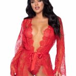 Leg Avenue Floral Lace Teddy with Adjustable Straps and Cheeky Thong Back Matching Lace Robe with Scalloped Trim and Satin Tie - Small - Red