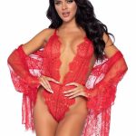 Leg Avenue Floral Lace Teddy with Adjustable Straps and Cheeky Thong Back Matching Lace Robe with Scalloped Trim and Satin Tie - Small - Red