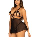 Leg Avenue Open Cup Eyelash Lace and Mesh Babydoll with Heart Ring Accent and Matching Panty - Small - Black