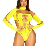 Leg Avenue Seamless Asymmetrical Cut Out Thong Back Bodysuit - O/S - Neon Yellow