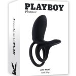 Playboy Just Right Rechargeable Silicone Dual Vibrating Cock Ring with Clitoral Stimulator- Black