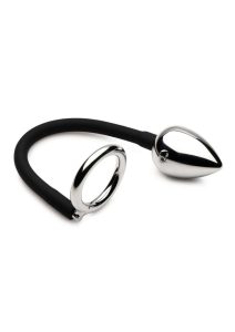 Master Series Tug + Plug Aluminum Cock and Ball Ring with Anal Plug - Black/Silver