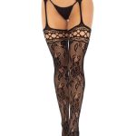 Leg Avenue French Rose Lace Backseam Stockings with Attached Garter Belt - O/S - Black