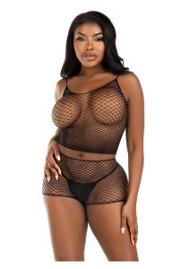 Leg Avenue Twist Net Tank Top and Boy Shorts (2 Piece) - O/S - Black