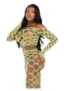 Leg Avenue Hardcore Net Crop Top and Footless Tights (2 Piece) - O/S - Neon Green