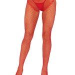 Leg Avenue French Cut Crotchless Fishnet Tights with Heart Backseam and Faux Lace Up Back - O/S - Red