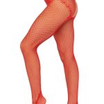 Leg Avenue French Cut Crotchless Fishnet Tights with Heart Backseam and Faux Lace Up Back - O/S - Red