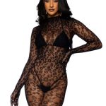 Leg Avenue Seamless Leopard Net Gloved Catsuit - O/S - Black