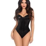 Leg Avenue Sequin Boned Snap Crotch Bodysuit with Detachable Clear Strap (2 Piece) - Large - Black