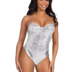 Leg Avenue Sequin Boned Snap Crotch Bodysuit with Detachable Clear Strap (2 Piece) - Small - Silver