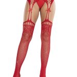 Leg Avenue Rhinestone Lace Top Fishnet Stockings with Attached Garter Belt - OS - Red