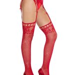 Leg Avenue Rhinestone Lace Top Fishnet Stockings with Attached Garter Belt - OS - Red