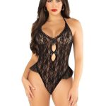 Floral Lace Halter Bodysuit with Mini Bow and Flutter Accent - OS - Black