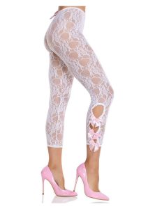 Leg Avenue Scalloped Trimmed Floral Lace Footless Capri Tights with Keyhole Bow Detail - White - O/S